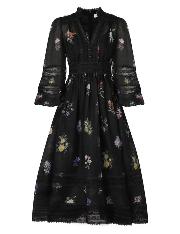 Women Clothing Zimmermann Natura V Neck Lace Midi Dress Multi Botanical Black