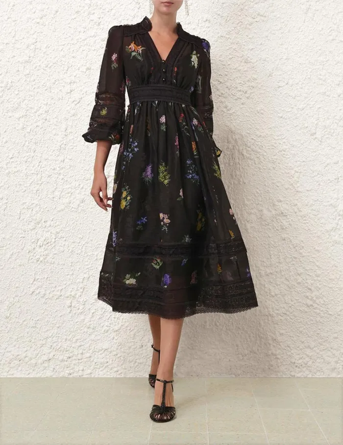 Women Clothing Zimmermann Natura V Neck Lace Midi Dress Multi Botanical Black