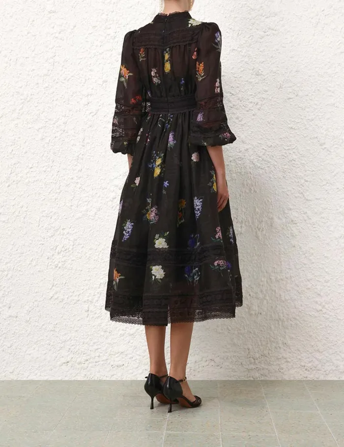 Women Clothing Zimmermann Natura V Neck Lace Midi Dress Multi Botanical Black