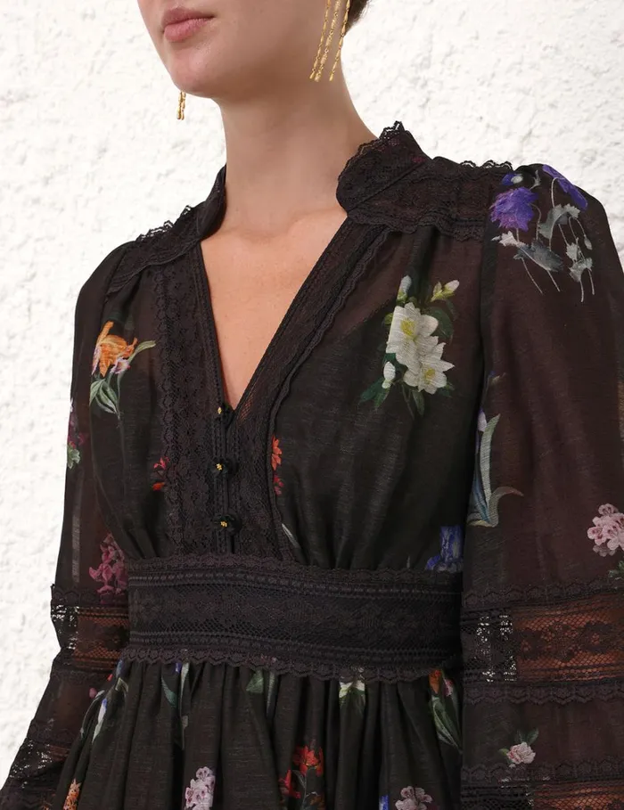 Women Clothing Zimmermann Natura V Neck Lace Midi Dress Multi Botanical Black