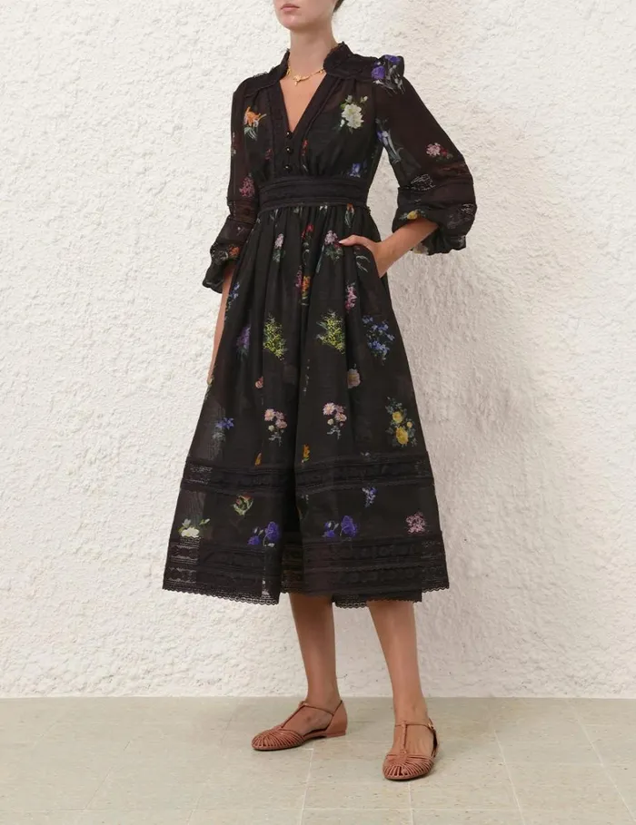 Women Clothing Zimmermann Natura V Neck Lace Midi Dress Multi Botanical Black