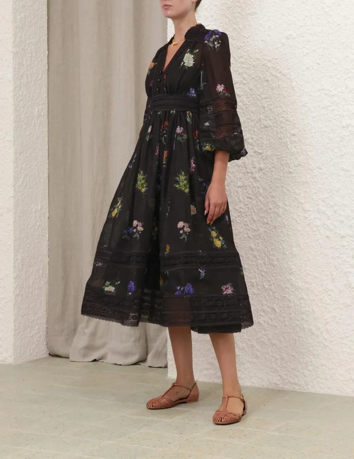 Women Clothing Zimmermann Natura V Neck Lace Midi Dress Multi Botanical Black