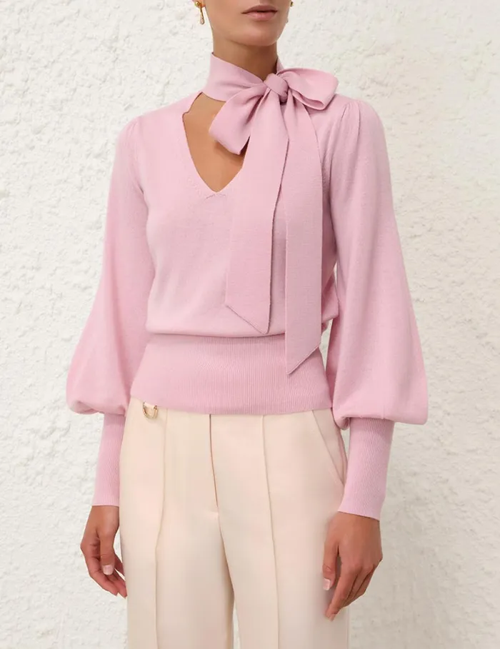 Women Clothing Zimmermann Tie Neck Sweater Lipstick
