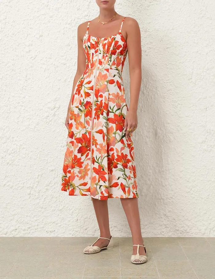 Women Clothing Zimmermann Tranquillity Zipped Midi Dress Red Lily