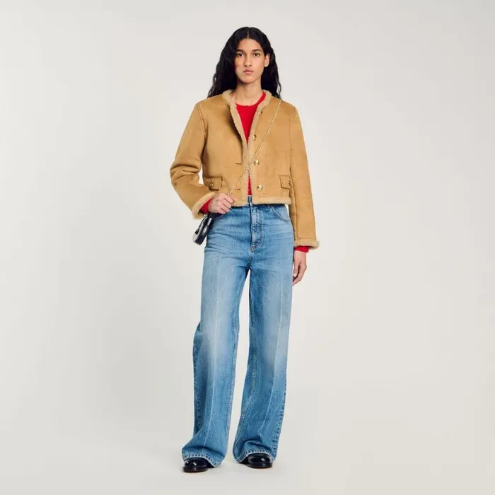 Women Coats and Trenches SANDRO Faux Fur Jacket Beige