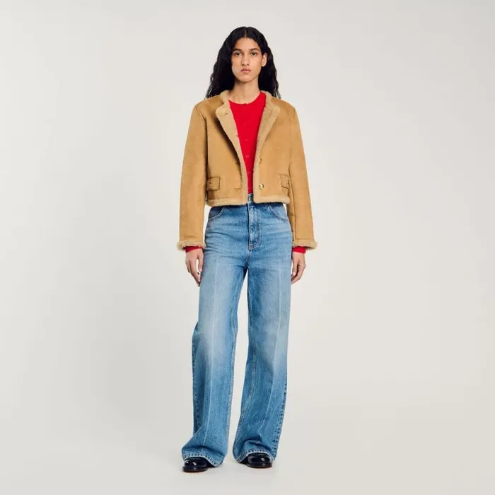 Women Coats and Trenches SANDRO Faux Fur Jacket Beige