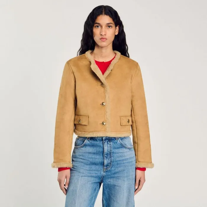 Women Coats and Trenches SANDRO Faux Fur Jacket Beige