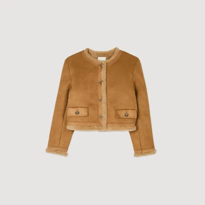 Women Coats and Trenches SANDRO Faux Fur Jacket Beige