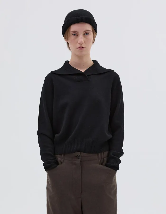 Women Cross Neck Polo Jumper Black Margaret Howell Knitwear