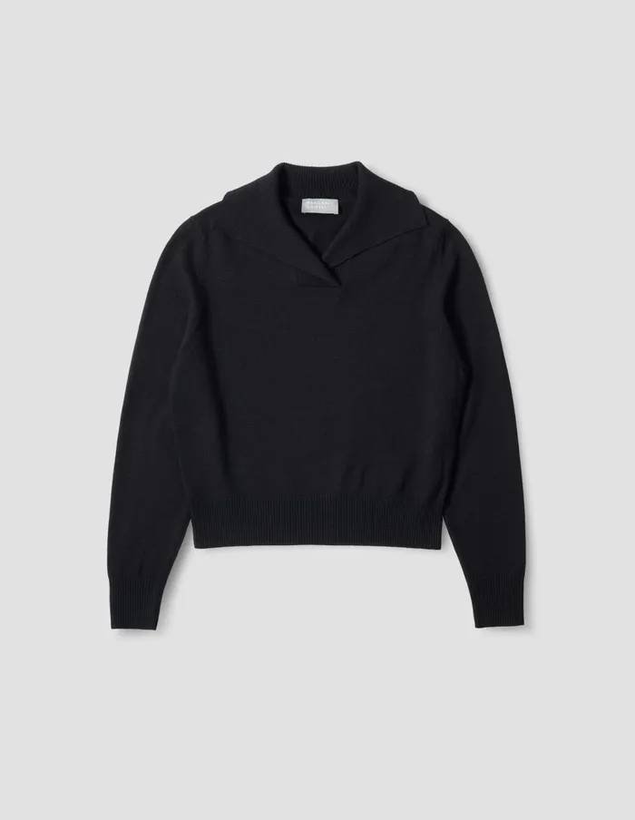 Women Cross Neck Polo Jumper Black Margaret Howell Knitwear