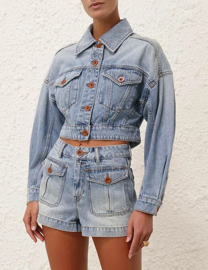 Women Denim Zimmermann Cropped Denim Jacket Faded Blue