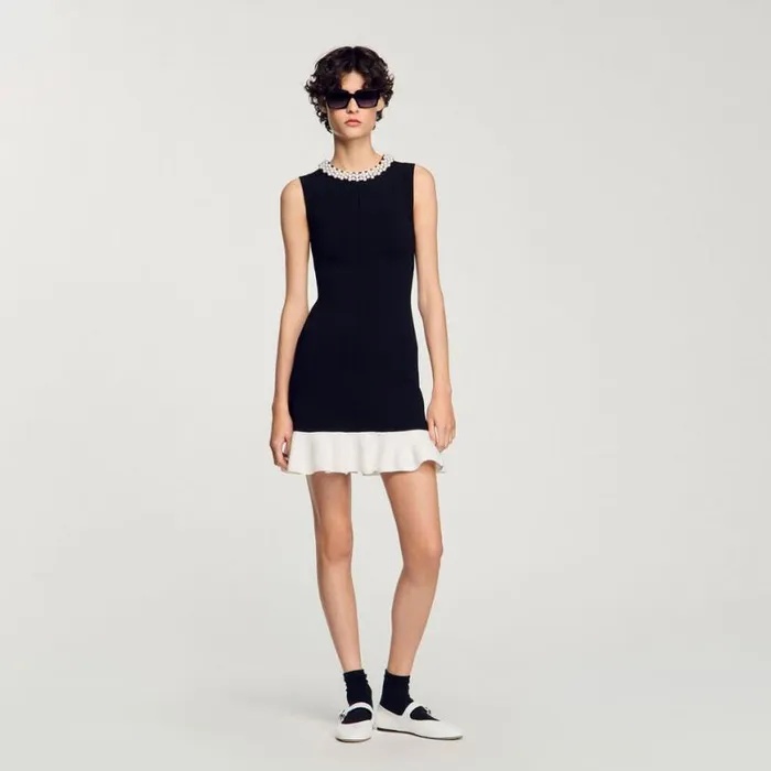 Women Dresses SANDRO Short Knit Dress With Beaded Neck Black Ecru
