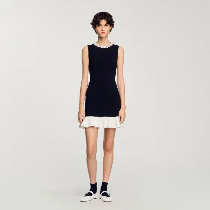 Women Dresses SANDRO Short Knit Dress With Beaded Neck Black Ecru