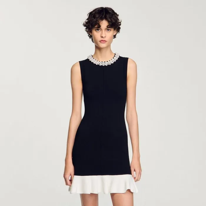 Women Dresses SANDRO Short Knit Dress With Beaded Neck Black Ecru