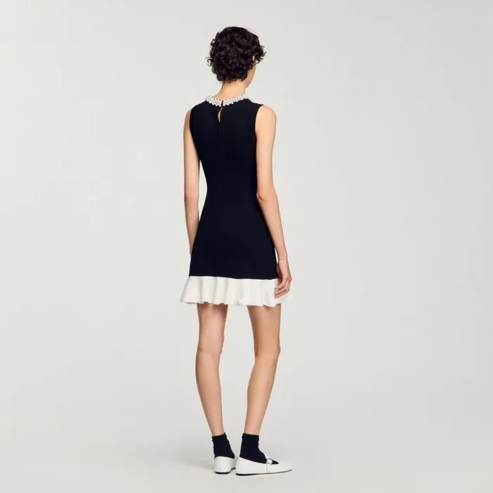 Women Dresses SANDRO Short Knit Dress With Beaded Neck Black Ecru