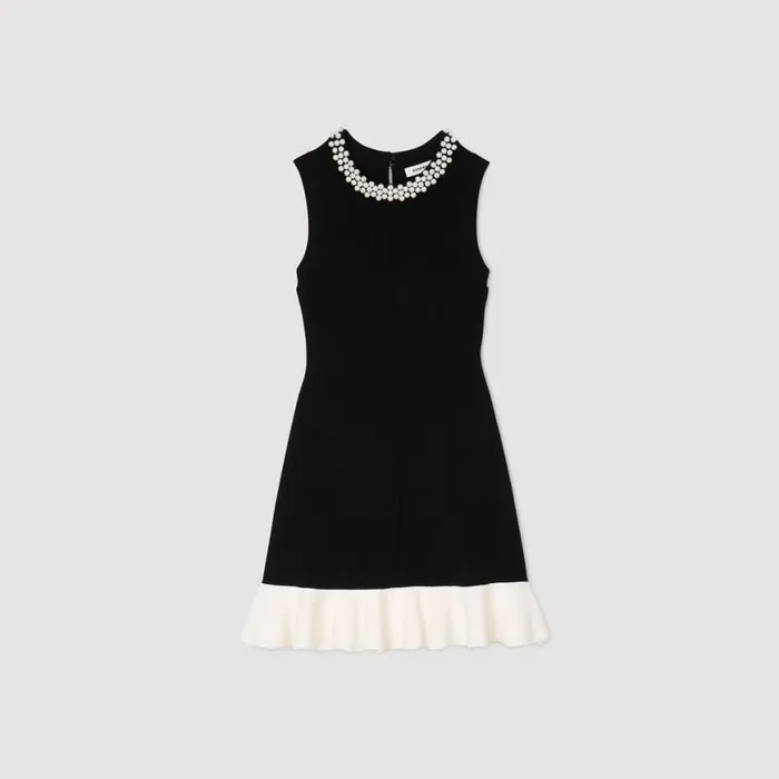 Women Dresses SANDRO Short Knit Dress With Beaded Neck Black Ecru
