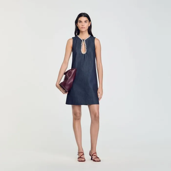 Women Dresses SANDRO Short Rhinestone Dress Deep Blu
