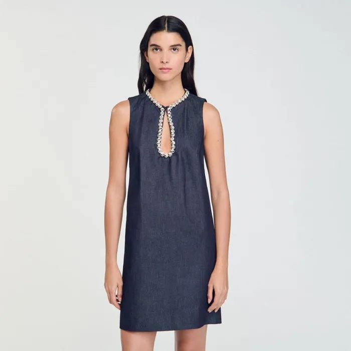 Women Dresses SANDRO Short Rhinestone Dress Deep Blu