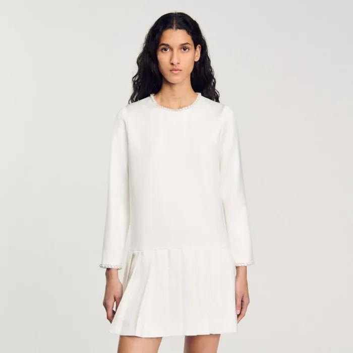 Women Dresses SANDRO Short Satineffect Beaded Dress Ecru Women Dresses SANDRO Short Satineffect Beaded Dress Ecru