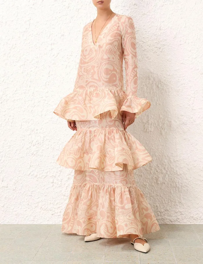 Women Dresses Zimmermann Matchmaker V Neck Gown Pinkcream Abstract Musical