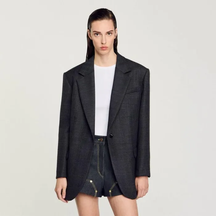 Women Jackets and Blazers SANDRO Checked Suit Jacket Dark Grey