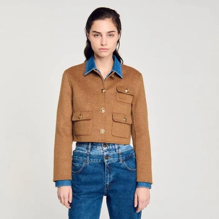 Women Jackets and Blazers SANDRO Cropped Buttondown Jacket Brown