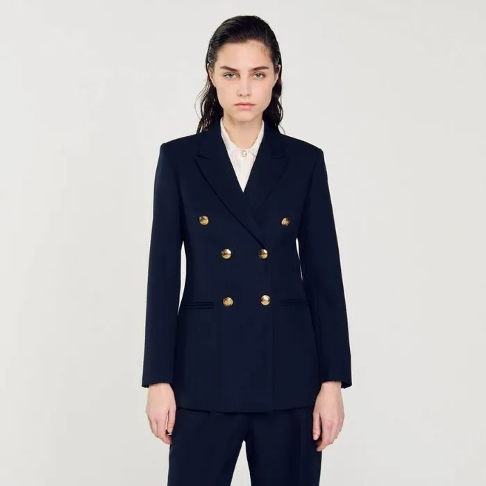 Women Jackets and Blazers SANDRO Doublebreasted Blazer Navy Blue