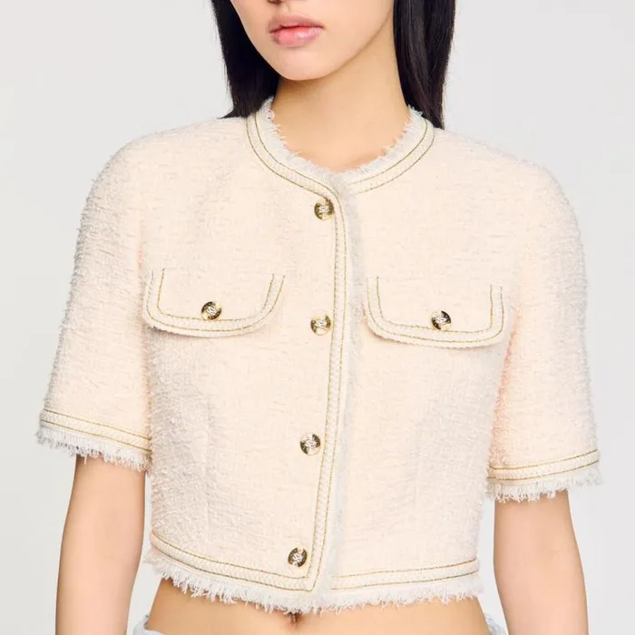 Women Jackets and Blazers SANDRO Shortsleeved Tweed Jacket Ecru Pink