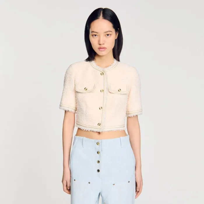 Women Jackets and Blazers SANDRO Shortsleeved Tweed Jacket Ecru Pink