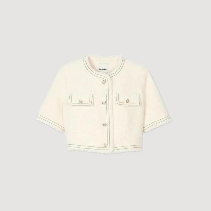 Women Jackets and Blazers SANDRO Shortsleeved Tweed Jacket Ecru Pink