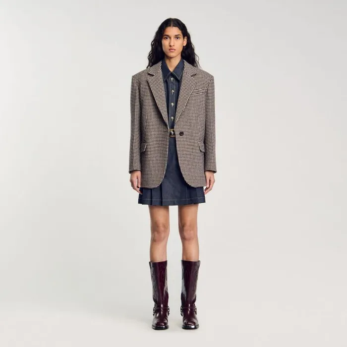 Women Jackets and Blazers SANDRO Smallcheck Suit Jacket Navy Brown