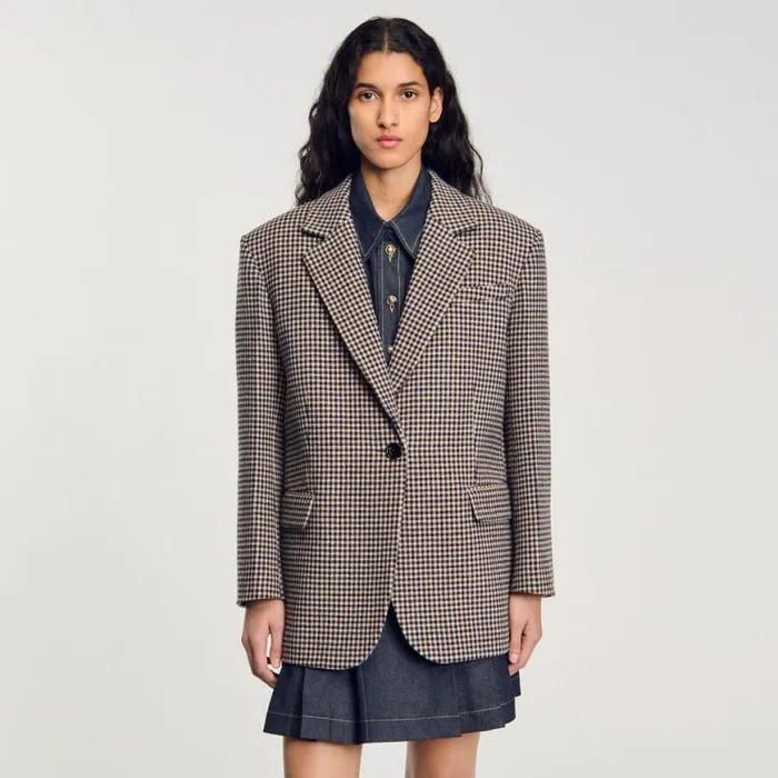 Women Jackets and Blazers SANDRO Smallcheck Suit Jacket Navy Brown