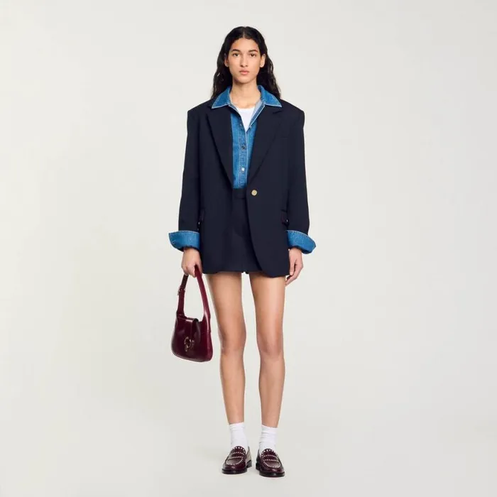 Women Jackets and Blazers SANDRO Wool Suit Jacket Navy Blue