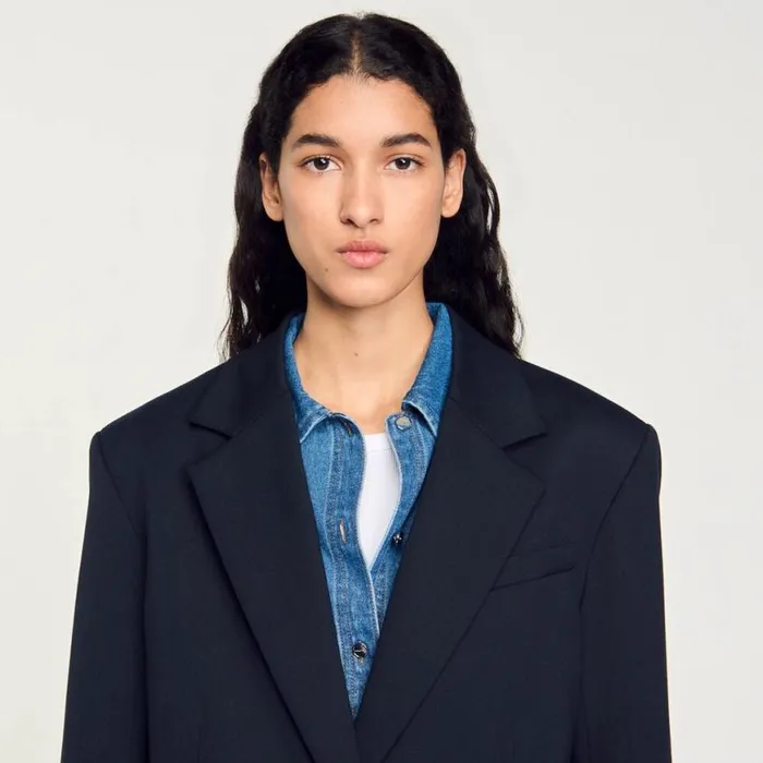 Women Jackets and Blazers SANDRO Wool Suit Jacket Navy Blue