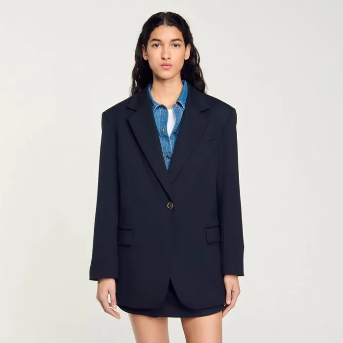 Women Jackets and Blazers SANDRO Wool Suit Jacket Navy Blue