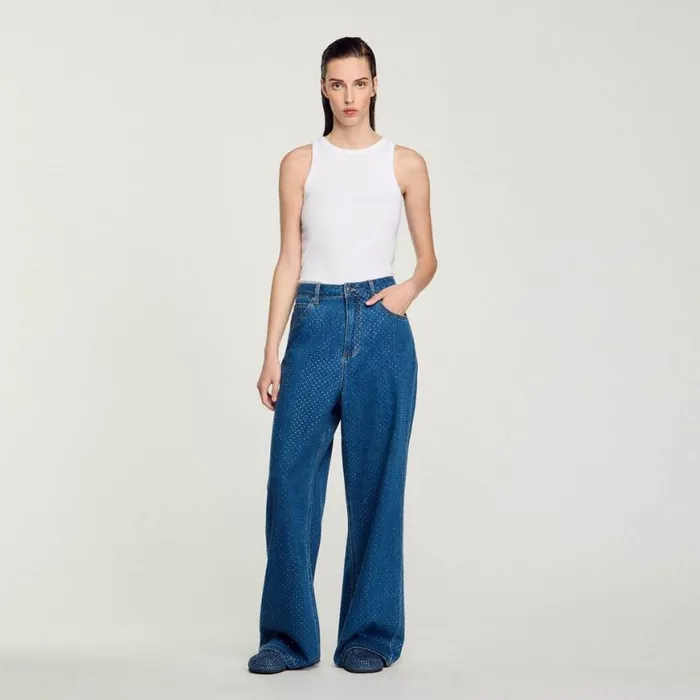 Women Jeans SANDRO Wideleg Rhinestone Jeans Blue Jean