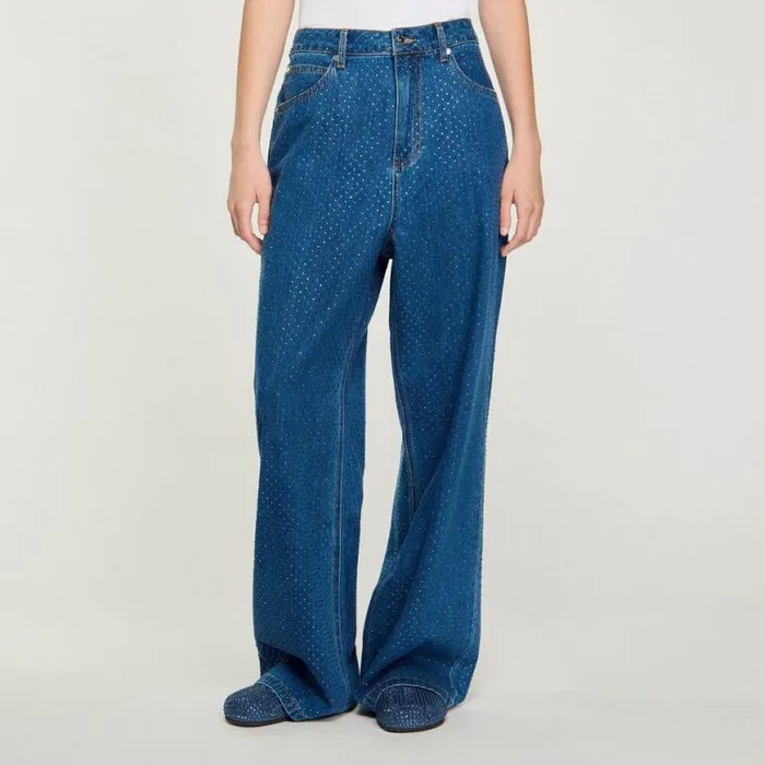 Women Jeans SANDRO Wideleg Rhinestone Jeans Blue Jean
