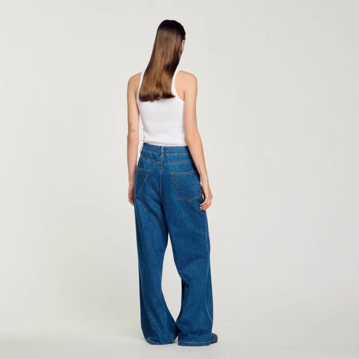Women Jeans SANDRO Wideleg Rhinestone Jeans Blue Jean