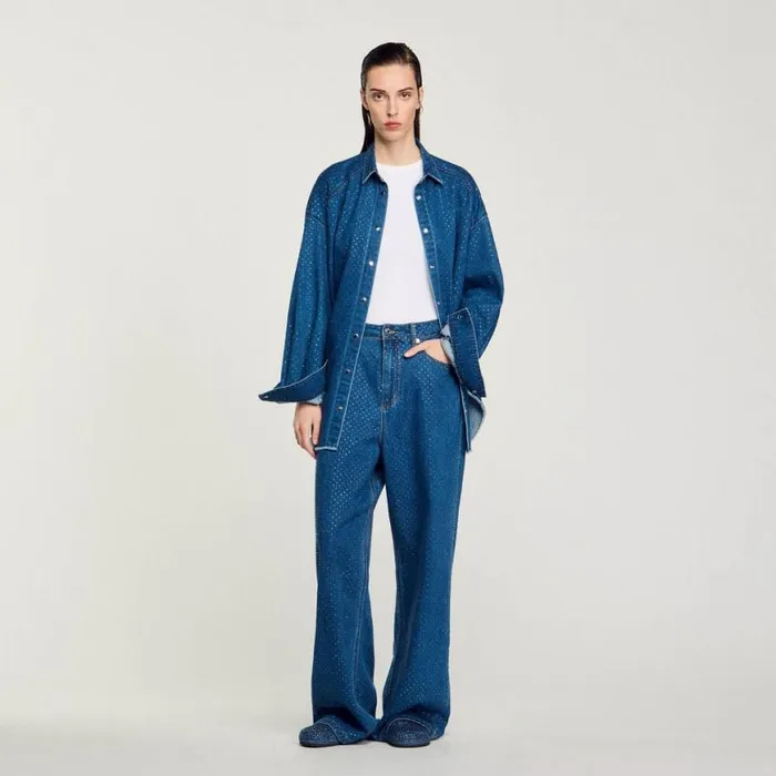 Women Jeans SANDRO Wideleg Rhinestone Jeans Blue Jean