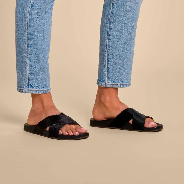 Women Kpea Oho Womens Crossover Slide Sandals Black Olukai Leather Women Kpea Oho Womens Crossover Slide Sandals Black Olukai Leather