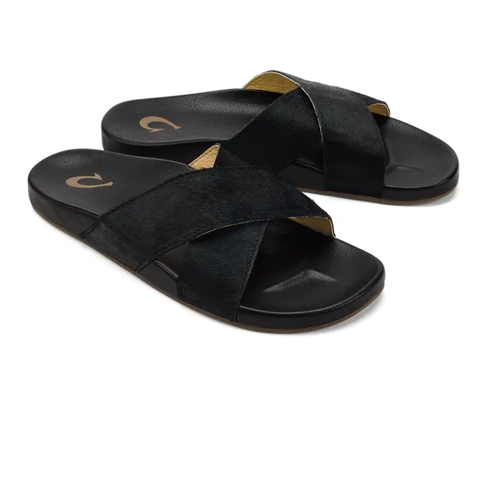 Women Kpea Oho Womens Crossover Slide Sandals Black Olukai Leather Women Kpea Oho Womens Crossover Slide Sandals Black Olukai Leather