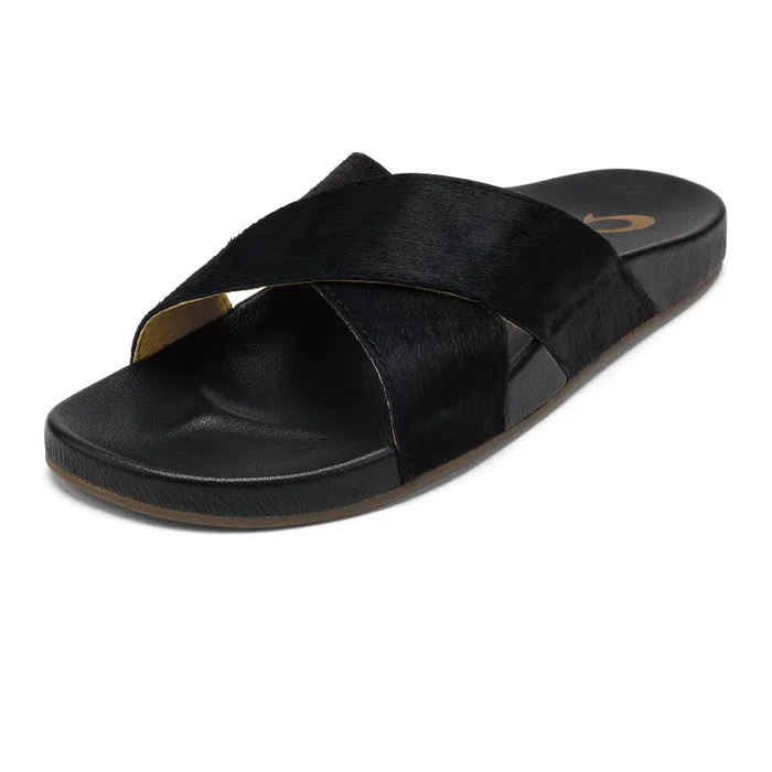 Women Kpea Oho Womens Crossover Slide Sandals Black Olukai Leather Women Kpea Oho Womens Crossover Slide Sandals Black Olukai Leather
