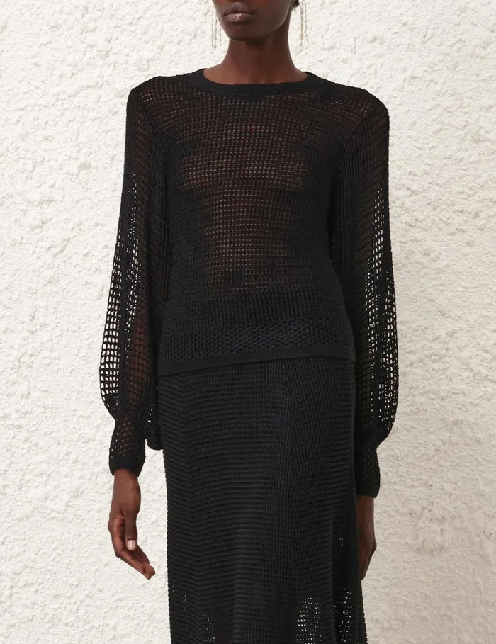 Women Knitwear Zimmermann Natura Crochet Blouson Top Black