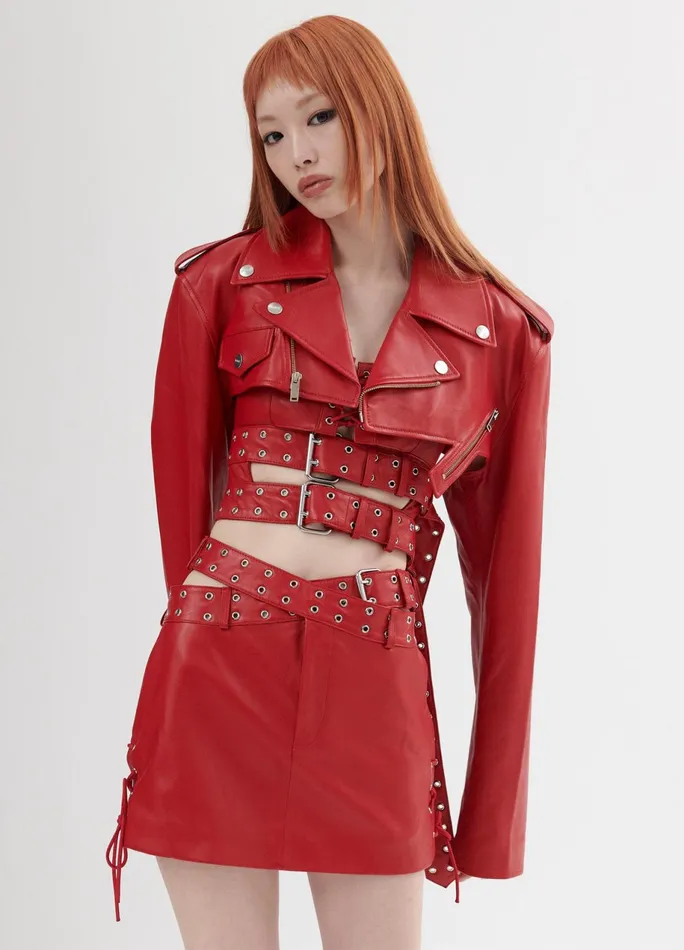 Women Leather Cropped Jacket MONSE Jackets and Coats