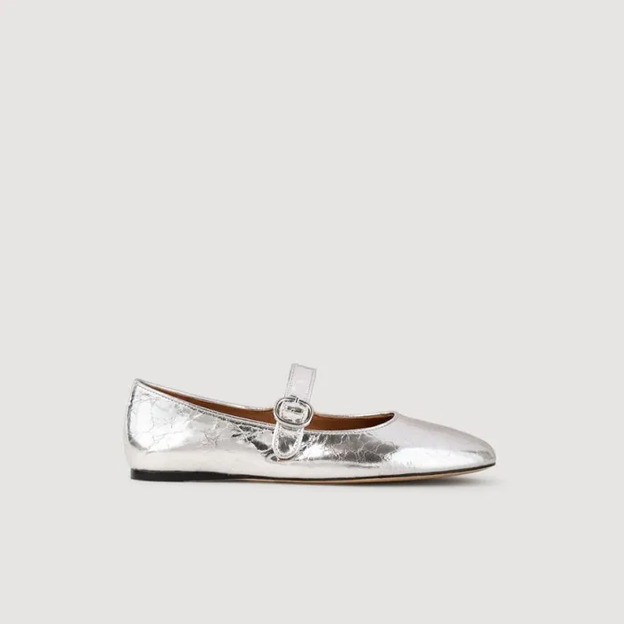 Women Loafers and Flats SANDRO Shiny Leather Ballet Flats Silver