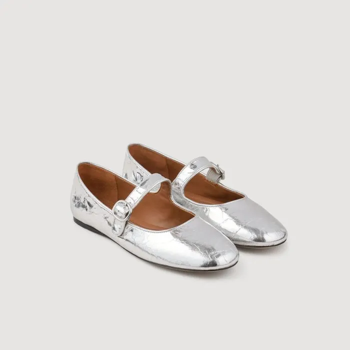 Women Loafers and Flats SANDRO Shiny Leather Ballet Flats Silver