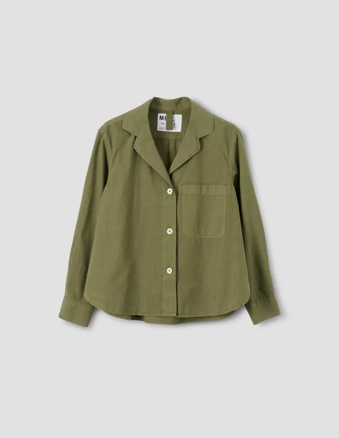 Women Mhl Open Collar Shirt Olive Green Margaret Howell Shirts