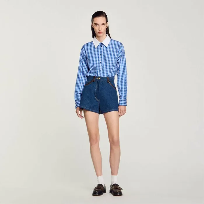 Women Pants and Shorts SANDRO Denim Shorts With Leather Details Blue