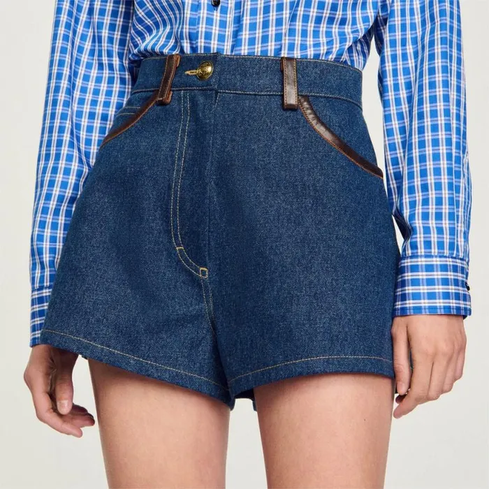 Women Pants and Shorts SANDRO Denim Shorts With Leather Details Blue