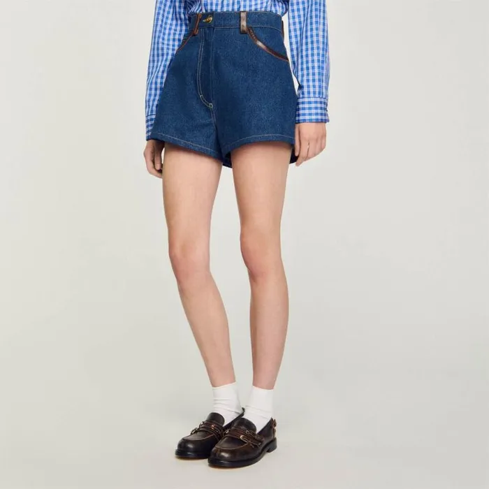 Women Pants and Shorts SANDRO Denim Shorts With Leather Details Blue